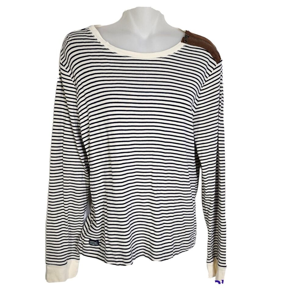 LRL Ralph Lauren Jeans Co. Women Top Medium Striped Faux Leather Elbow Patch Zip